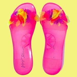 Barbiecore Betsy Johnson Hot Pink Neon 3D Flower Slides Jelly Sandals Be…